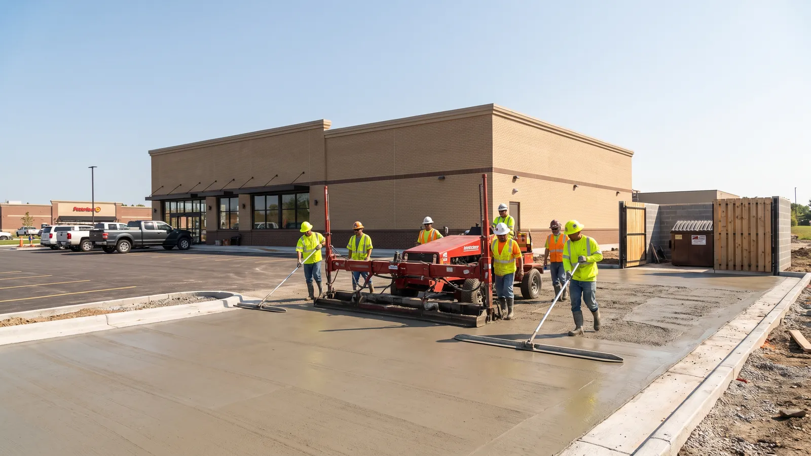 Crew finishing a large commercial concrete pad and curb at a small retail building in Olathe, Kansas, with a laser screed and bull floats