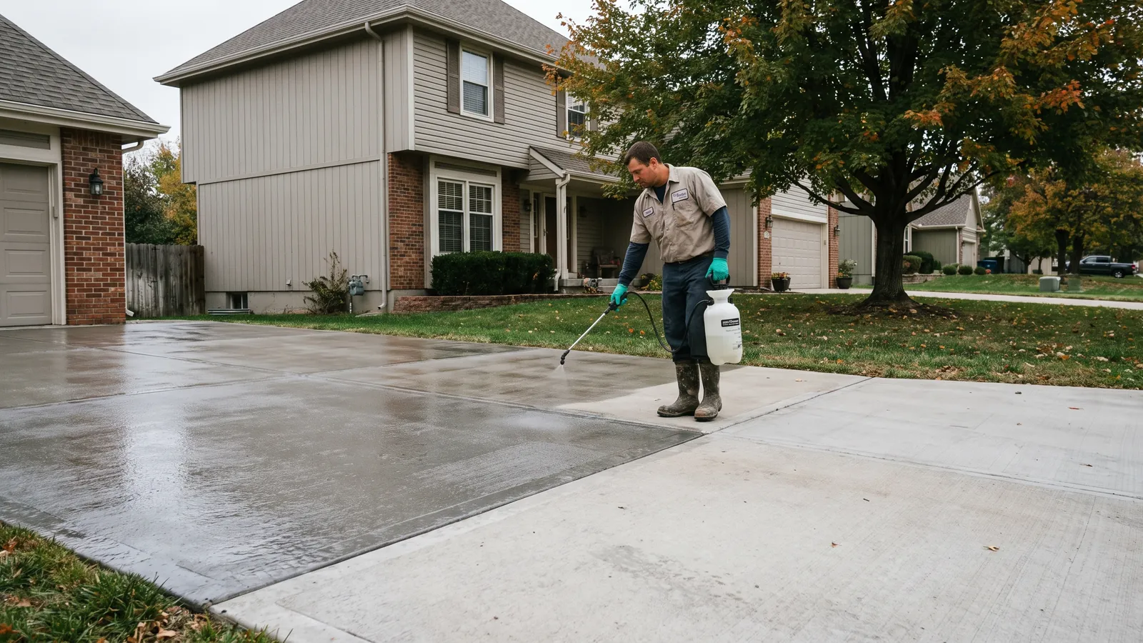Worker applying a penetrating sealer to a clean, cured concrete driveway with a sprayer in Olathe, Kansas, half the slab still dry