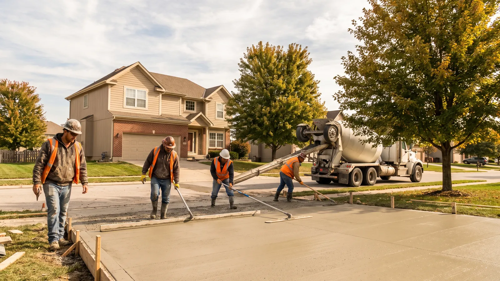 Concrete crew screeding a freshly poured broom-finish driveway in front of a two-story brick-and-siding home in an Olathe, Kansas subdivision, ready-mix truck at the curb