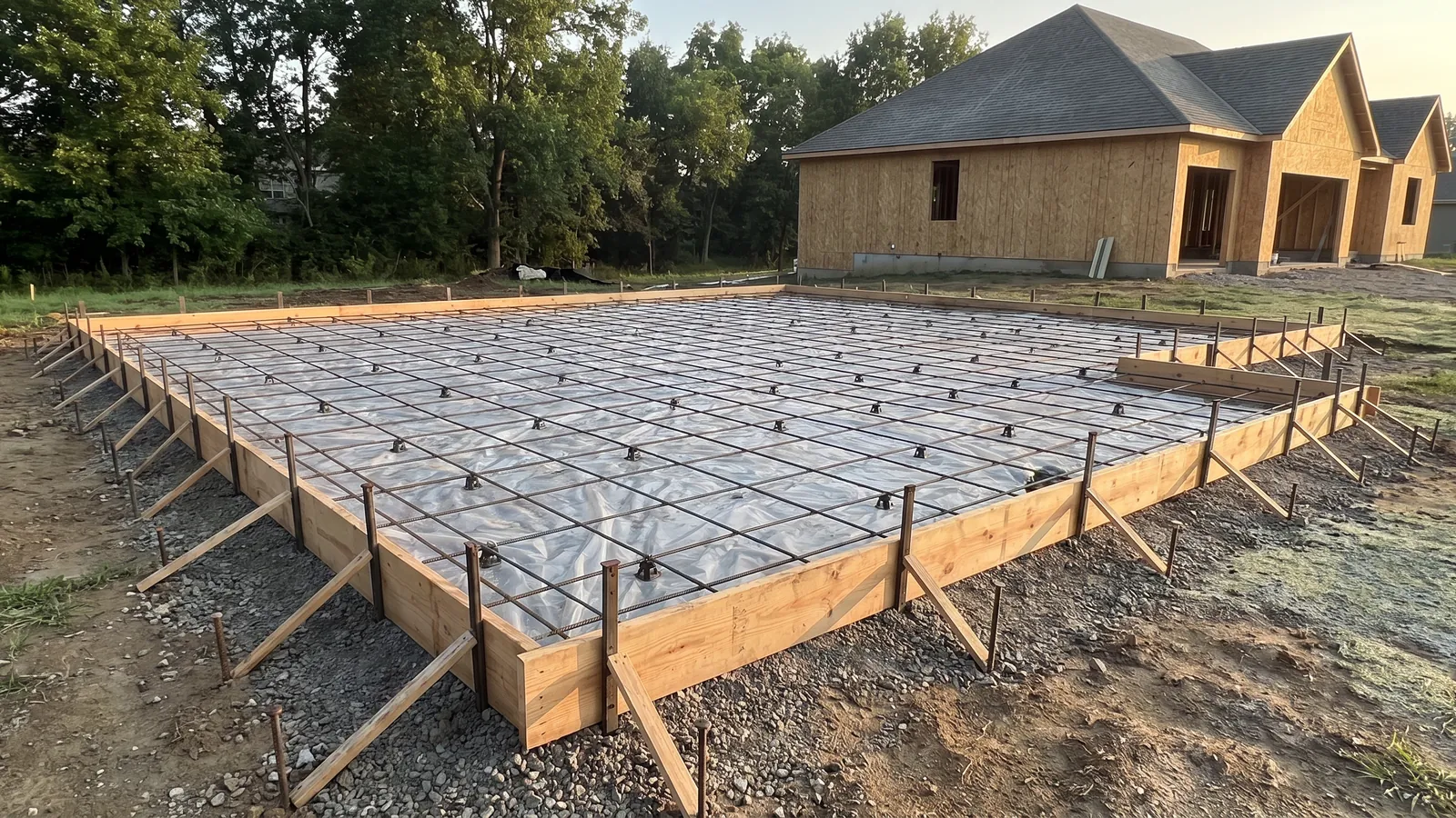 Forms, rebar on chairs and a vapor barrier laid out for a detached garage and shop slab on a Johnson County, Kansas lot