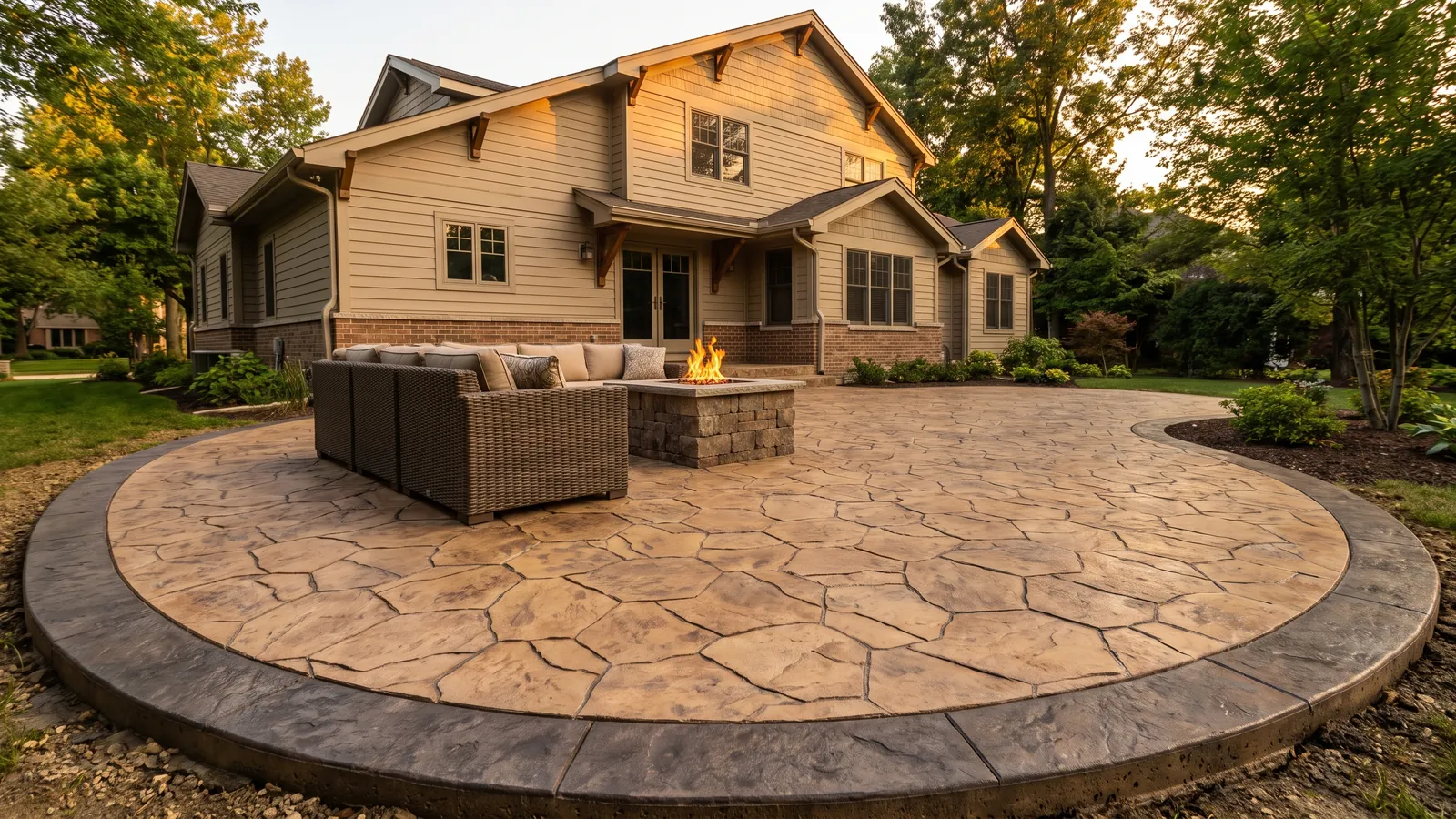 Finished stamped concrete patio in a random flagstone pattern with warm stone color and a charcoal border behind a Kansas suburban home at golden hour